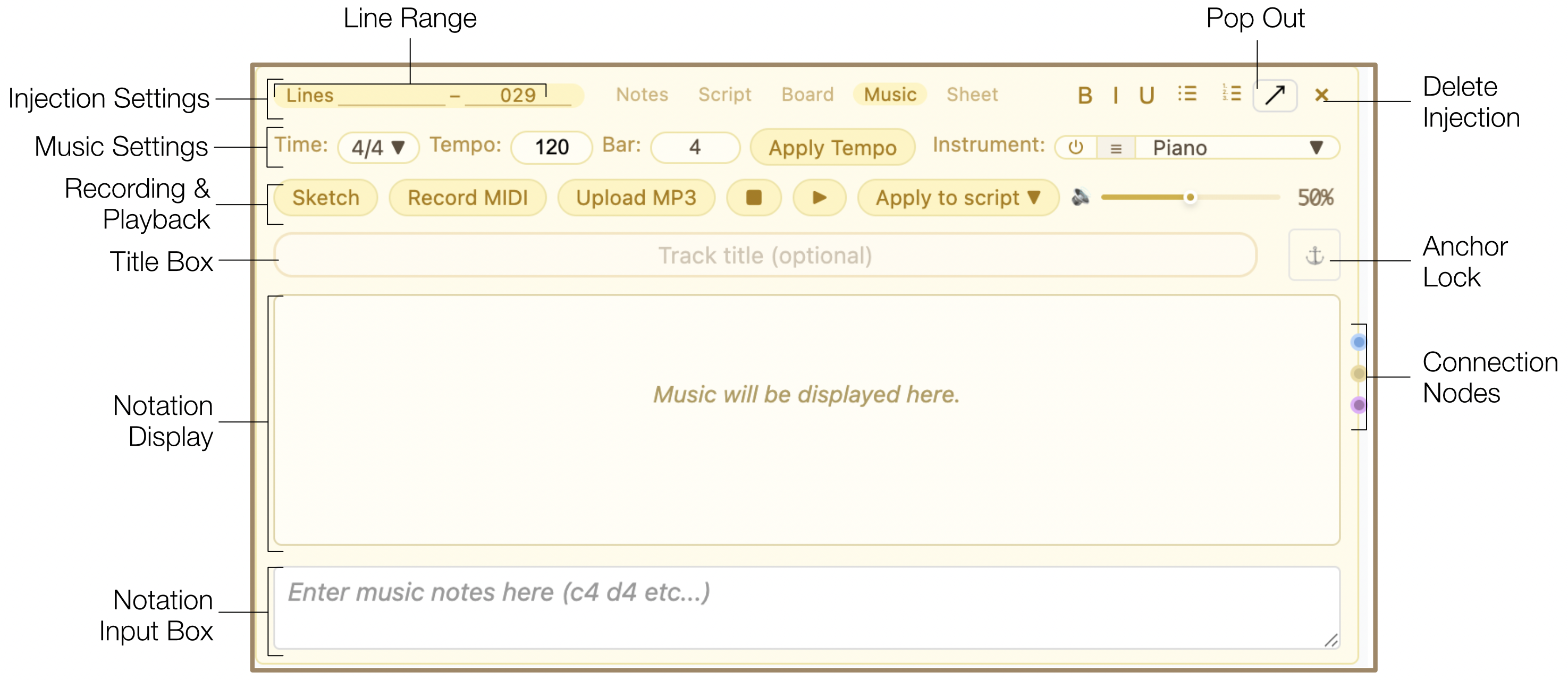 Music injection overview showing Injection Settings, Music Settings, Recording, Notation Display, and Connection Manager